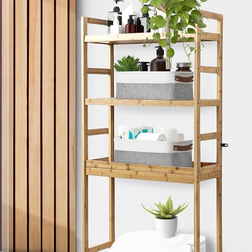 Image of DECOMOMO Narrow Storage Bins, Small Baskets for Organizing, Toilet Tank Basket for Toilet Paper, Vanities, Cabinets, Towels and Shelves| Basket for Gift with Handles (Grey and White - Set of 4)