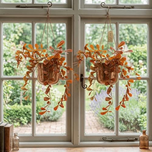 Image of Dekorly 2 Pack Artificial Plants Artificial Hanging Plants Faux Eucalyptus Leaf Greenery Fake Hanging Eucalyptus Plant (Green) (1, Orange)