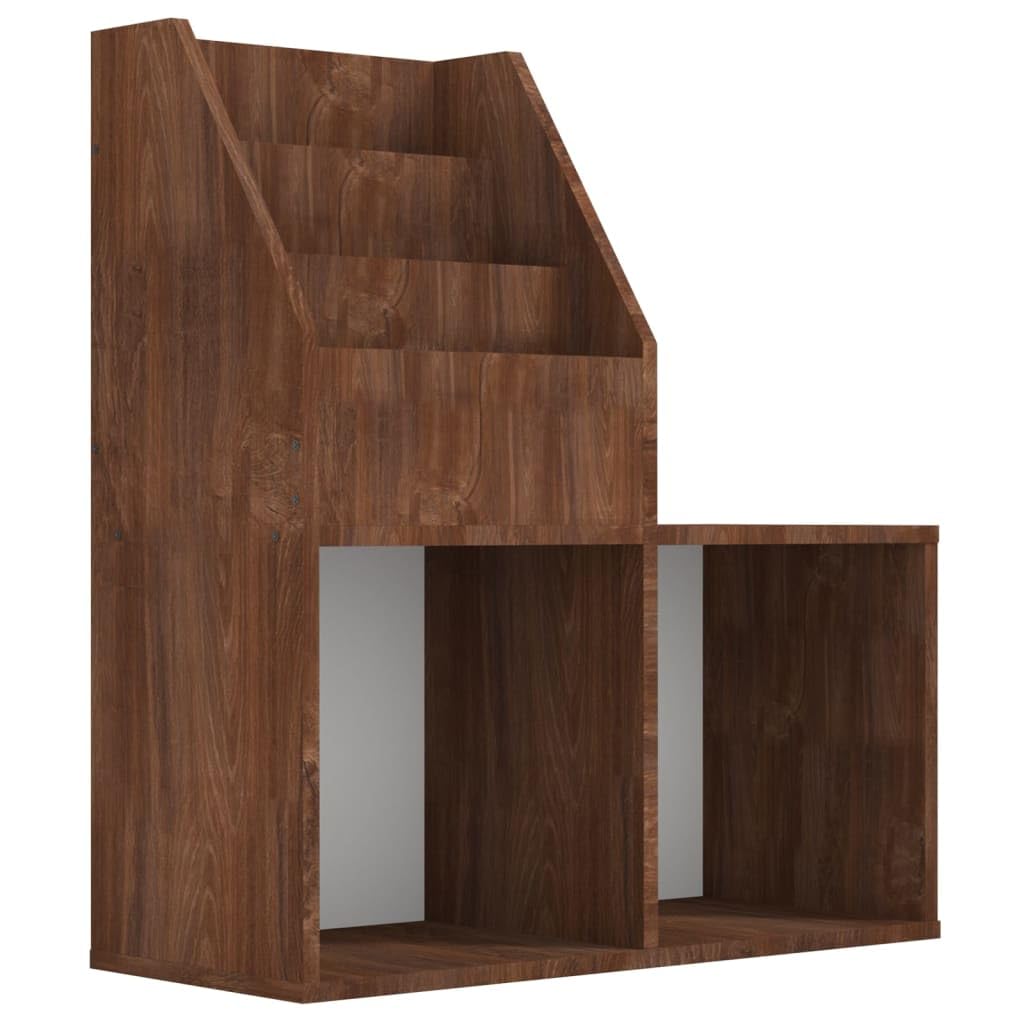 Uchwyt na czasopisma brązowy dąb 71x30x78,5 cm | Solidne drewno konstrukcyjne, 3 przegródki, 2 otwarte półki, przechowywanie książek i pudełek składanych