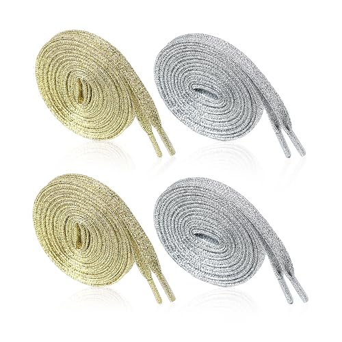 COACOM 4 pares de cordones brillantes dorados y plateados, cordones planos de poliéster, adecuados para zapatillas de deporte, zapatos de lona, zapatos deportivos y pantalones (110 cm + 130 cm), oro y
