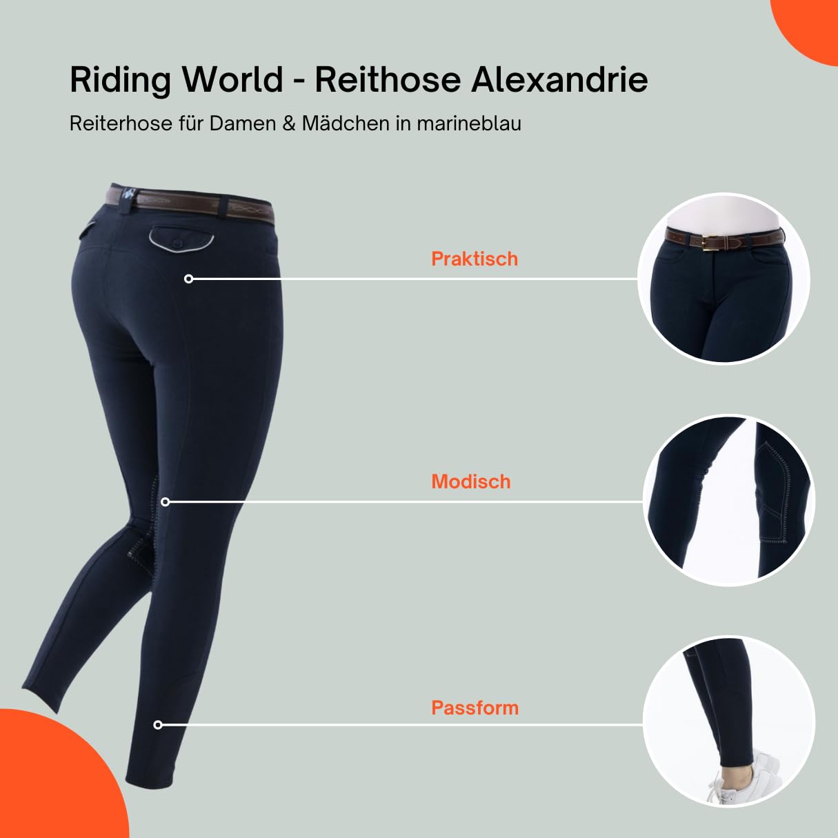 RIDING WORLD - Pantalones de equitación para mujer y niños Alexandrie | Pantalones de equitación con ribete en las rodillas de tela | con bolsillos delanteros | Leggings de equitación en seis colores