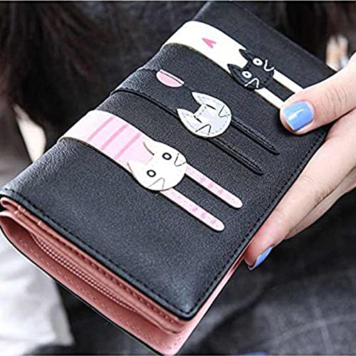 Mini Faux Leather Bifold Cute 3 Cat Zipper Clutch Wallet Handbag for Women Girls4
