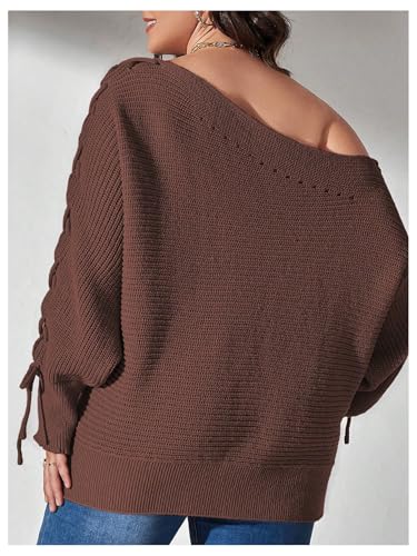 SOLY HUX Women's Plus Size Sweater Off Shoulder Lace Up Long Sleeve Asymmetrical Neck Pullover Top2