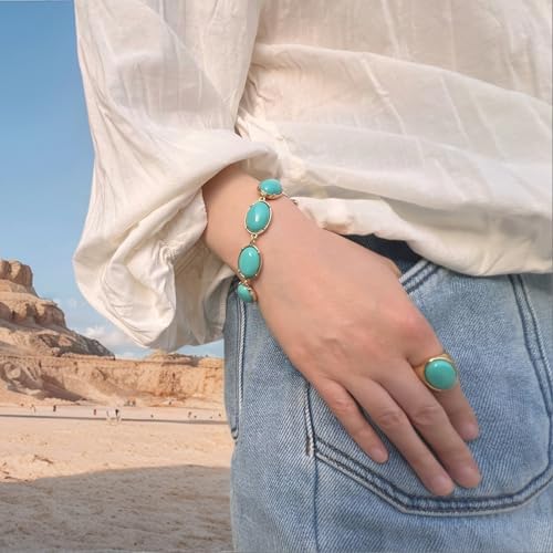 Turquoise Charm Bracelet for Women 18K Gold Plated Turquoise Charms Dainty Stackable Gold Bracelets Toggle Clasp Vintage Jewelry Birthday Gift for Her2