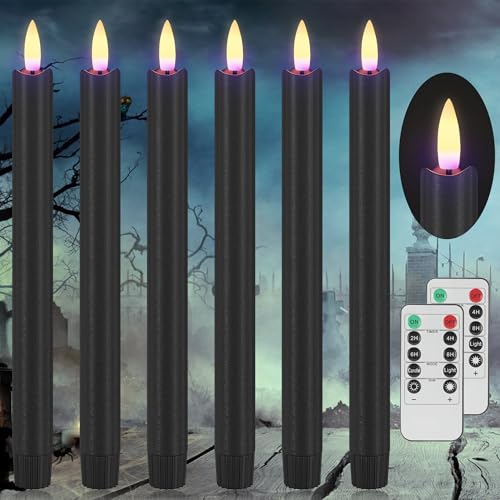 Image of Black Flameless Taper Candles, Halloween Battery Operated Candles Remote | 9.6 inch Real Wax LED Candlesticks with 3D Wick, Flickering Electric Candle with Timer, For Halloween, Home, Party Decor, 6 Pack
