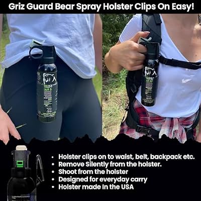 Griz Guard Bear Spray with Holster -Maximum Strength 7.9 oz, 40-Foot Range, EPA-Registered Bear Deterrent Repels Bears, Mountain Lions, Coyotes & Moose, Glow Safety Clip, Hiking & Camping Protection