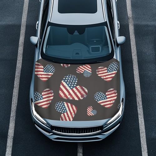 Image of Heart American Flag Car Hood Cover Protector, Retro American Flag Love Heart Removable Automotive Exterior Accessories for Car SUV Sedans Trucks, Easy Installation