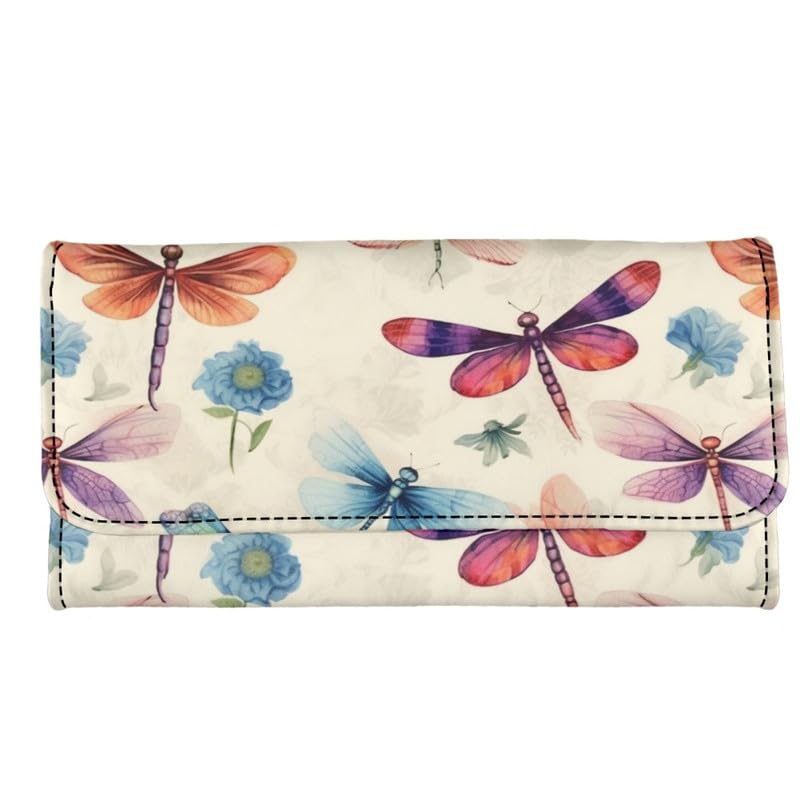 Women's Wallet Watercolor Dragonfly Floral Leather Trifold Purse With ID Window, Painting Dragonflies Ladies Credit Card Holder Zipper Coin Pocket2