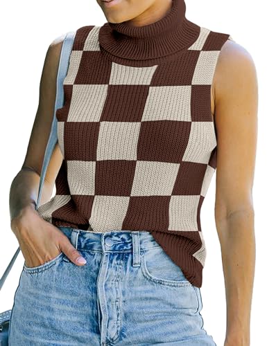 Image of Womens Sleeveless Sweater Vest Turtleneck Ribbed Knit Tank Tops Basic Slim Fit Top, X-Large, Plaid Coffee