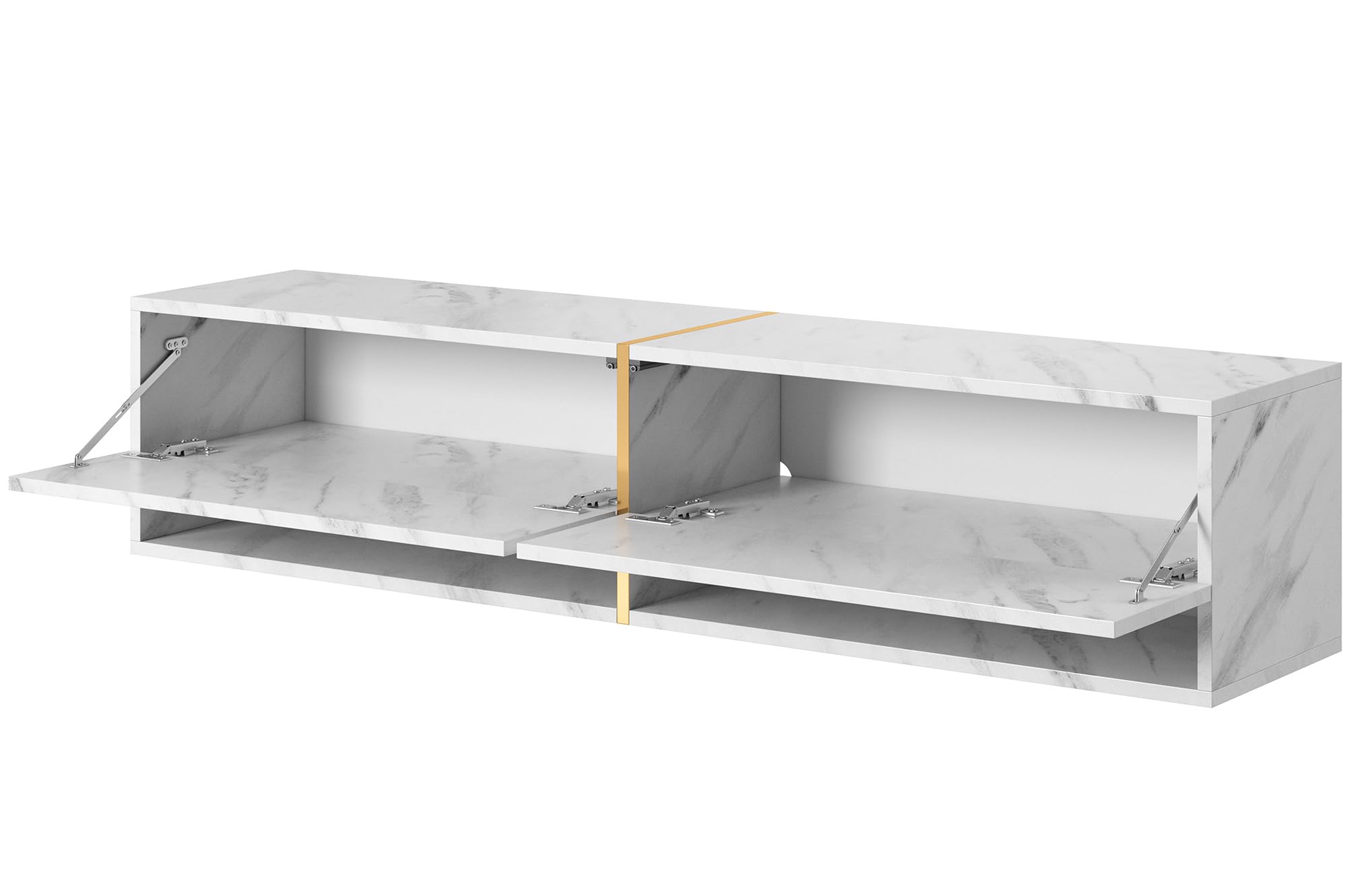 Selsey Mueble De TV Suspendido con 2 Puertas 2 Cajones Mesa De TV para Salón Dormitorio 140 cm Mármol Blanco con Inserción Dorada Mirrgo