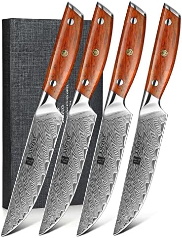 XINZUO Damascus Steel 4Pcs Steak Knife Set, 12.7cm Premium Dinner Knife Set Sharp Kitchen Table Knives -Straight Edge Blade -Triple Rivet -with Gift Box -Ergonomic Rosewood Handle-Yi Series
