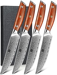 XINZUO Damascus Steel 4Pcs Steak Knife Set, 12.7cm Premium Dinner Knife Set Sharp Kitchen Table Knives -Straight Edge Blade -Triple Rivet -with Gift Box -Ergonomic Rosewood Handle-Yi Series