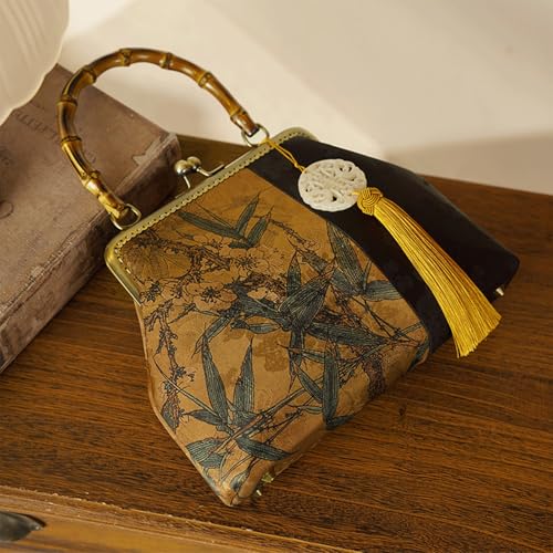 Bamboo Handle Purse for Woman Chinese Retro Bamboo Leaf Print Handbag Tassel Charm Purses Elegant Top Handle Bag3