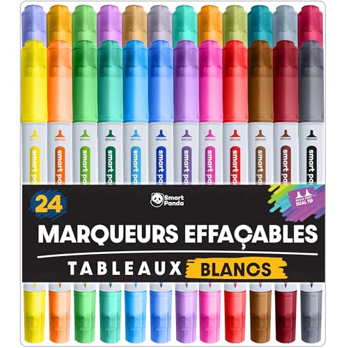 Smart Panda Feutre Ardoise Effacable Marqueur, Double Pointe, Marqueurs Tableaux Blancs - 24 Couleurs