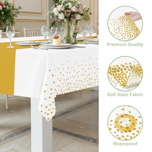Image of Smiry Plastic Table Cloth Disposable 4 Pack, 54 x 108 Inch Rectangle Waterproof Tablecloth, Printed Gold Table Runner Style for Birthday Weeding, Party Decorations, Leakproof & Sturdy, White and Gold