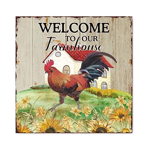 Panneau en bois Welcome antique avec motif poulet grange et tournesol