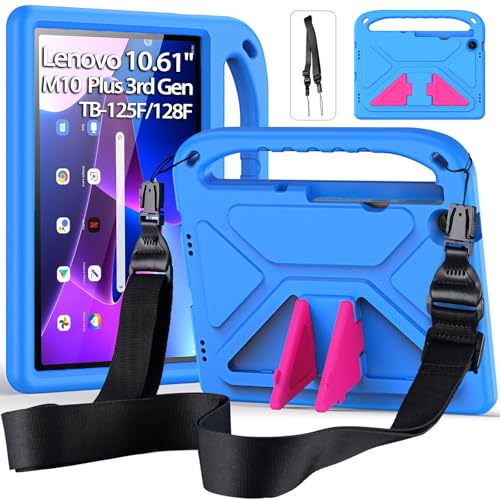 RollinCase Kids Case for Lenovo Tab M10 Plus 3rd Gen 10.6 Inch 2022 (TB128FU/TB125FU/TB128XU) Lightweight Shockproof Cover for Kids with Kickstand and Straps Blue