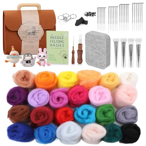 SUNOYA - Kit de feutrage aiguilleté avec laine feutrée pour feutrage à sec en 24 couleurs, kit de démarrage pour débutants, aiguilles à feutrer, outils, boîte de rangement et instructions pour le bricolage
