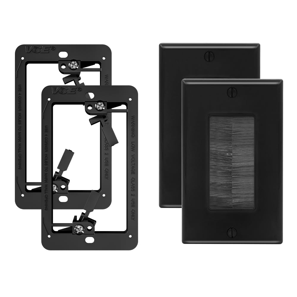 VCE Brush Wall Plate with Bracket, Cable Pass Through Insert with UL Listed Single Gang Decorator Wall Cover for Low Voltage Cables, Cord Hider for Wall Mount TV, Home Theater System, Black (2-Pack)