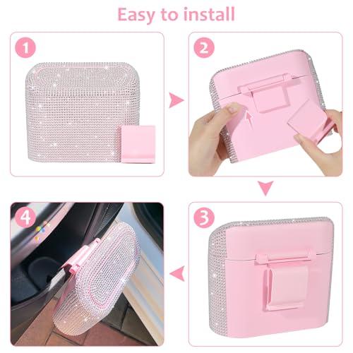 Image of Accmor Bling Car Trash Can with Lid, Leakproof Mini Vehicle Trash Bin Automotive Dustbin Organizer Storage, Sparkling Crystal Rhinestone Trash Bag Container with 30pcs Garbage Bags Car Accessories