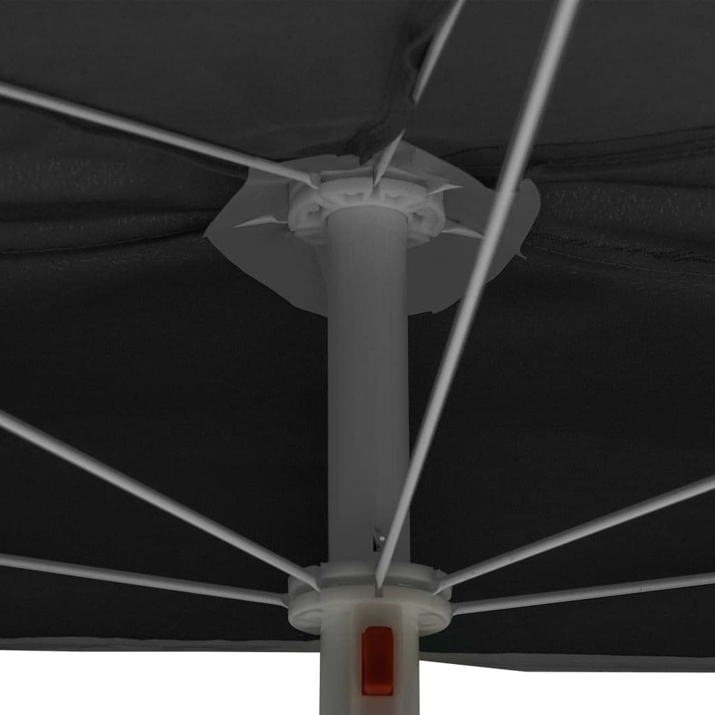 Mezzo ombrellone da 180 x 90 cm, nero, per balcone, terrazza e giardino, salvaspazio, con palo in acciaio e 5 stecche, facile da montare