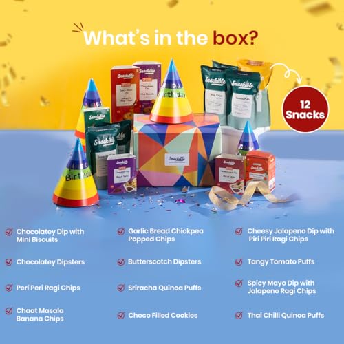 Image of Snackible Birthday Gift Box | Box of 12 Healthy Snacks | Not Fried | No Maida | Rich in Protein & Fibre | Healthy Gifting Option | Sweet & Savoury Snacks