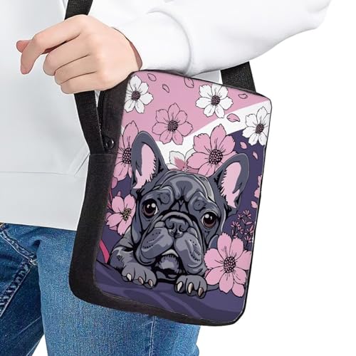 HUGS IDEA Messenger Bag für Damen, Umhängetasche, Handtasche, Clutch, Geldbörse, kleine Crossbody-Tasche mit verstellbarem Schultergurt, Französische Bulldogge mit Blumenmuster, Einheitsgröße