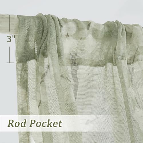 Image of FMFUNCTEX Linen Sheer Blossom Floral Curtains Sage Green 84 Inch 2 Panels