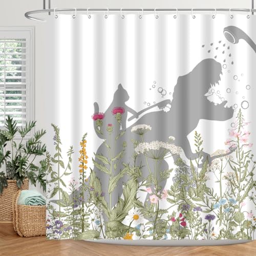 Image of Cat Dinosaur Shower Curtain Funny Cat Help Dino Bathe Behind Wildflowers Trex Silhouette Shadow for Kids Bathroom Home Decor Waterproof Polyester Fabric 72Lx72W Inch with Hooks