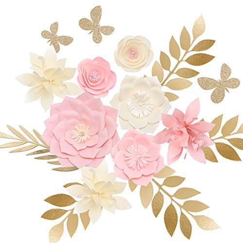 Ling's moment Paper Flower Decorations Set of 8, Nursery Wall Monogram Sign Decorations, Pink Cream Cardstock Peony Rose Lily Leaf Butterfly Assorted for Baby Shower, Birthday, Bridal Shower, Wedding