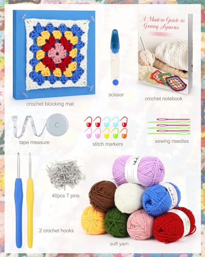 Image of Katech Crochet Kit for Beginners, Granny Squares Crochet Kit for Adults Includes Crochet Blocking Mat Crochet Book, Crochet Starter Kit for Beginner Learn to Crochet Blanket Bags (GRP B)