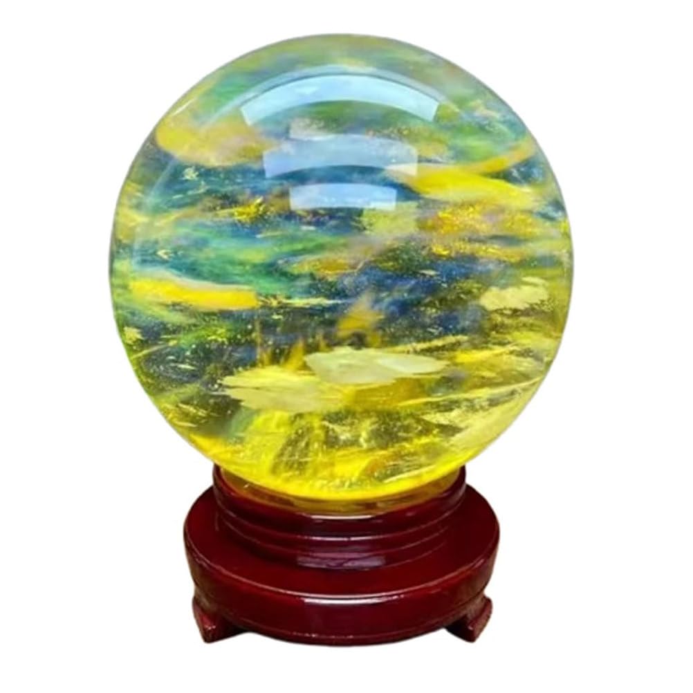 ICXLPMC Yellow Obsidian Ball with Wood Stand, Crystal Spher Melting Quartz Gemstone for Feng Shui Divination Sphere Home Decoration,12cm