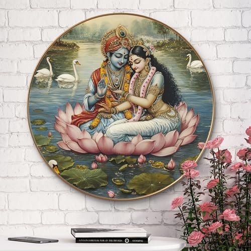 Image of Livin'luxe Radha Krishna Round Art Print with Golden Frame | Divine Lotus HD Art Print for Living Room Pooja Room Temple Home Decor (20x20 Inch) Art-GRL-209