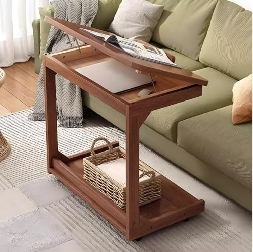 Moderna mesa C de madera con ruedas para sala de estar y dormitorio, mesita de noche móvil ajustable con mesas auxiliares pequeñas, color marrón, 40 x 40 x 63 cm