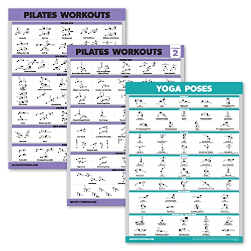 Palace Learning 3 Pack - Pilates Workout Posters Volume 1 & 2 + Yoga Poses - Pilates Mat Work Exercises - Fitness Chart Set (18 x 24 LAMINATED)