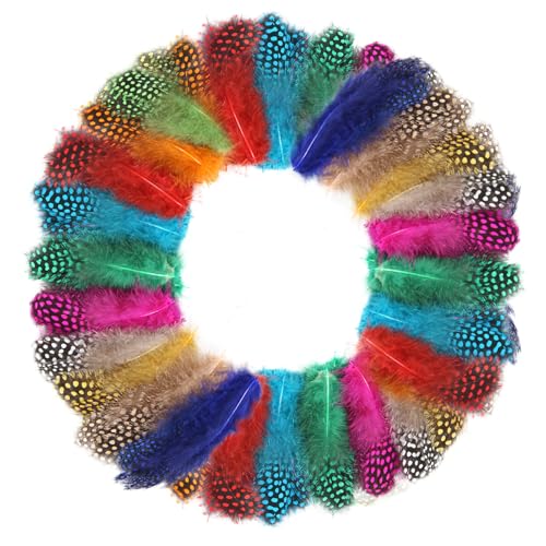 FeelfunFeather 60 pcs Colored Spotted Feathers 2-3inch Bulk Small Guinea Fowl Polka Dot Feather for DIY Crafts Clothing Hats Decoration