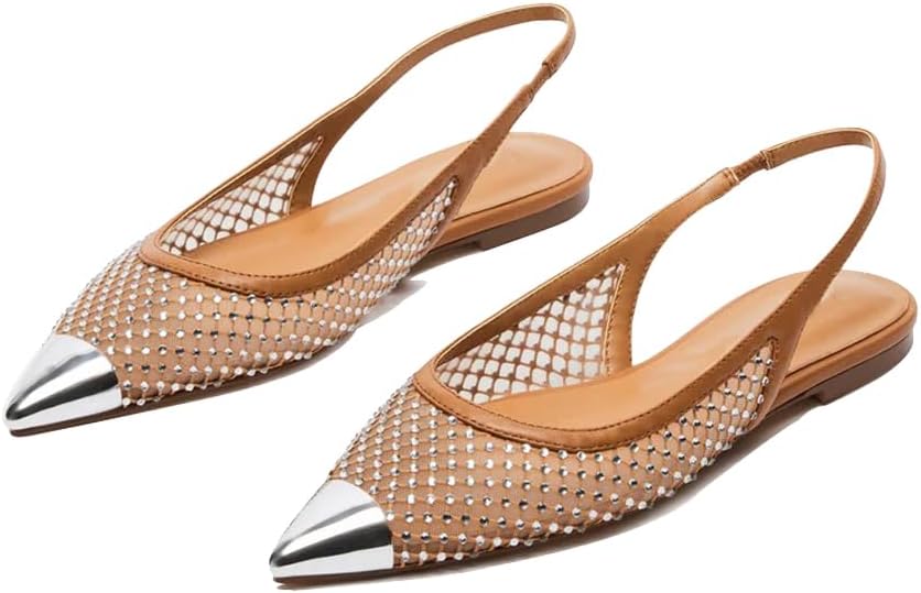 Size - 8.5- Beauty Cry Pointed Toe Slingback Flats for Women Mesh Rhinestone Slip On Ballet Flats