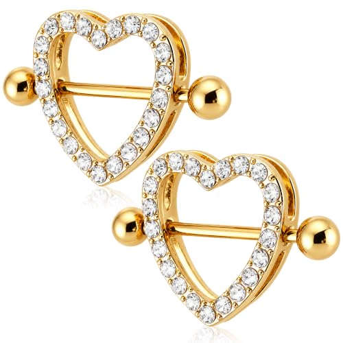CrazyPiercing 2pcs Clear Gem Paved Heart Nipple Shield Ring 14GA 7/8" Length (Gold)