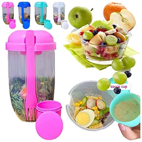 Fresh Salad Cup to Go, 2022 Salad Meal Shaker Cup, Salad Shaker Container to Go, Portable Fruit and Vegetable Salad Cups Container, with Fork & Salad Dressing Holder, Salad Container. (Pink) Cover