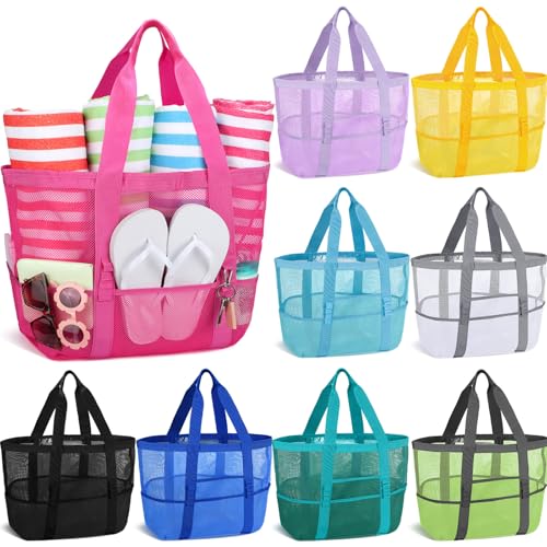 Image of Hillban Large Beach Mesh Bags Bulk for Women Beach Tote Bag with 8 Pocket Zipper Waterproof Sandproof for Pool Cruise Ship