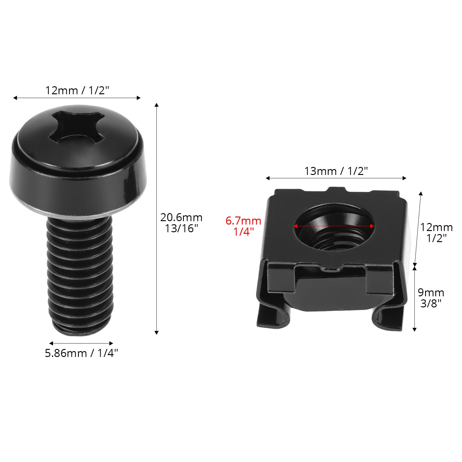 QWORK® Set di 20 viti a dado M6 per armadi di rete, compatibile con rack da 19/10 pollici - acciaio, nero