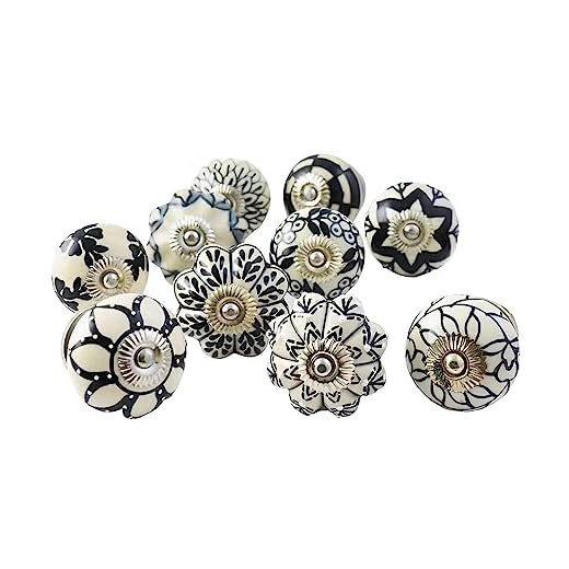 Ajuny Juego de 20 Pomos de Cerámica Vintage Blanco y Negro, Pintados a Mano – Diseños Calabaza y Redondo – Tiradores Decorativos para Armarios, Cajones y Puertas de Cocina y Baño