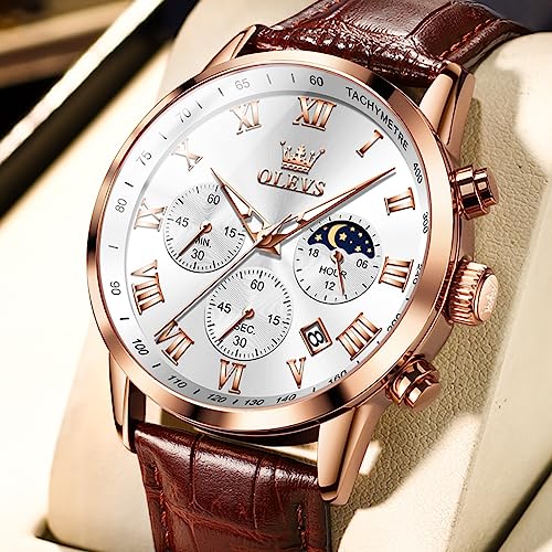 Image of OLEVS Men's Leather Analog Quartz Watch - Luxury Chronograph Wristwatch with Date, Waterproof, Luminous - Dress Style