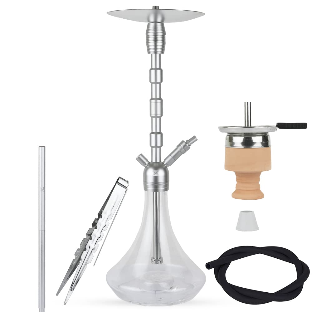 shishazoneZ-Shisha KH04B Silver Hookah with Hose, Mouthpiece, Clay Head, Rubber Adapter, Tongs, Hotpan, and Crystal Glass Base - Complete Set for Premium Experience