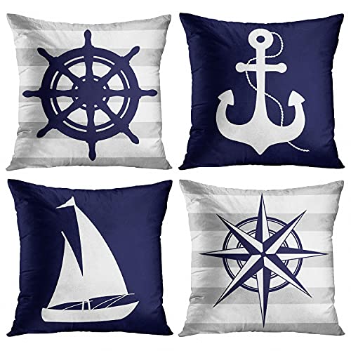 Emvency Set of 4 Throw Pillow Covers Summer Nautical Costal Navy Blue White and Gray Stripe Helm...