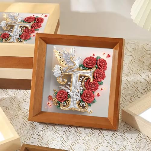Image of AiYuanzsh 5D DIY Diamond Art Kits for Adults Letter T, Timeless Rose & Dove Floral Special Shape Diamond Painting Kit, Alphabet Diamond Art for Home Decoration and Valentine's Day Gift Idea 17x17cm