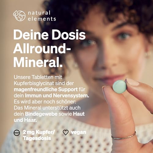 natural elements Kupfer – 365 vegane Tabletten – 2mg Kupfer pro Tagesdosis – geschmacksneutral, hochdosiert, ohne unnötige Zusätze – in Deutschland produziert & laborgeprüft 3