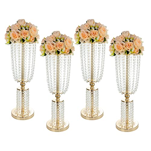 ECOM KING 4 Pcs 23.7 inches Gold Vases for Centerpieces Tall Crystal Metal Vase Flower Stand Holders Wedding Centerpiece Chandelier for Reception Tables Wedding Supplies Cover