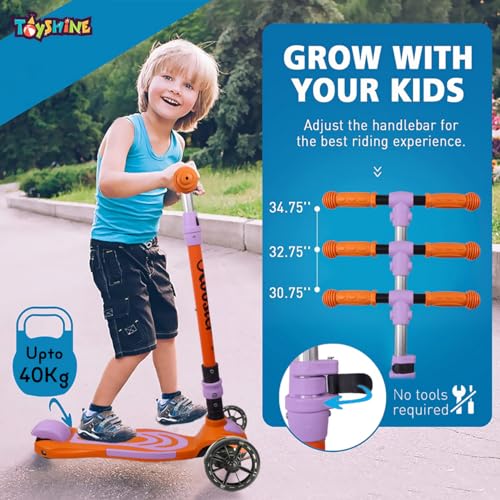Image of Toyshine 3 Wheel Rooster LED Light Up Wheels Runner Scooter with Anti Slip ABS Base Aluminium Structure Height Adjustable Handlebar Max Load 45kg for Boys and Girls Ages 4 and Above - Orange