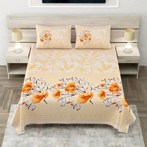 Image of 240 TC 100% Cotton Bedsheet for Double Bed King Size with 2 Pillow Covers | Breathable & Super Soft Rajasthani Sanganeri Jaipuri Printed Bed Sheet -108 * 108 Inches (Floral Striped 2)
